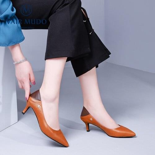 VAIR MUDO High Heels Elegant Women Pumps Pointed Toe Genuine Cow Leather Metal Decoration Office & Career Spring Autumn D203L