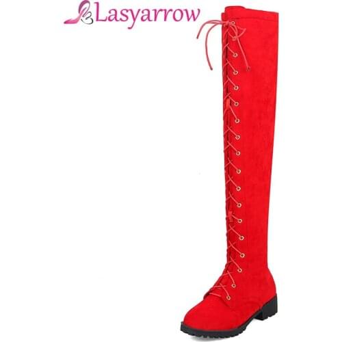 Lasyarrow Woman Fashion 2018 Autumn Winter Over knee Black Red Boots Ladies Casual Street Long Boots Female Lace Up Zipper Shoes