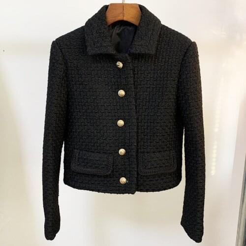 New Fall / Winter 2021 Lapel Retro Small Fragrance Trend Long Sleeve Black Wool Tweed Coat O199