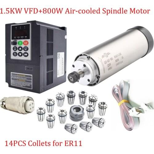 0.8KW 220V 5A 65*188mm 0.33NM 400HZ 24000rpm ER11 High Speed Spindle Motor+VFD+14PCS Collets for Woodworking Engraving