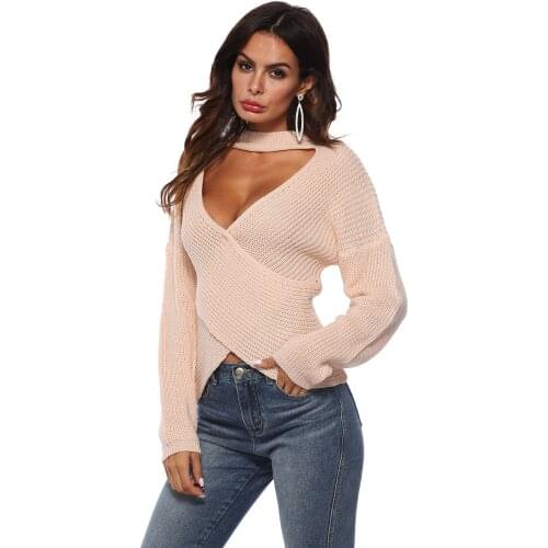 2018 Fashion 3 Color High Collar Pure Color Casual Women Sweaters Long Sleeve Criss-Cross Irregular V Type Low-Cut Size Sweater