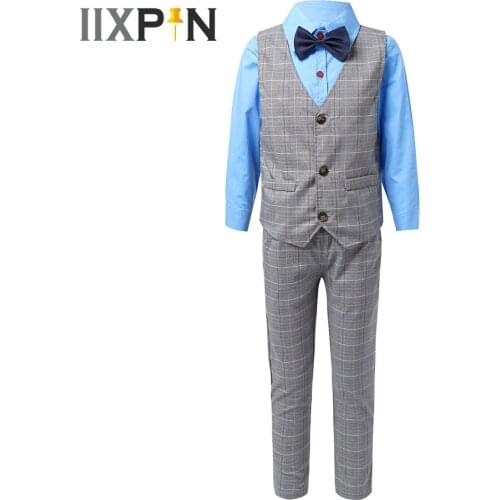 4Pcs Boy Suits for Wedding Gentleman New Year Costumes Sets Kids Formal Suit Bowtie Little Boys Long Sleeve Shirt + Vest Pants