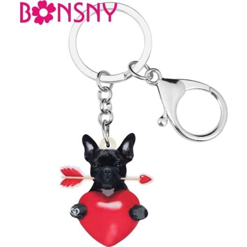 Bonsny Acrylic Valentines Day Arrow Heart Bulldog Dog Key Chain Animal Key Ring Bag Car Purse Keychain For Women Girl Teen Gift