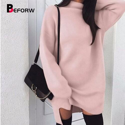 BEFORW Winter Long Sleeve Women Sweater Dress Fashion Turtleneck Knitted Dresses Casual Plus Size Mini Dress White Wome Clothes