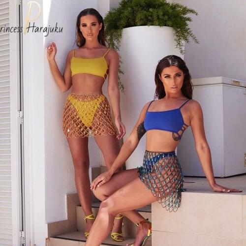 Brilliant Chic Skirt Sexy Hollow Out Patchwork Shiny Rhinestone Tassel Metal Link Chain Skirts Festival Lady Fashion Skirt 2021