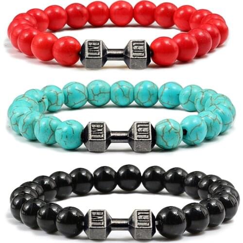 Classic Natural Stone Beaded Bracelet gym Fitness Dumbbell Energy Men Bracelets Bangles Barbell Wristband Women Jewelry Pulseira