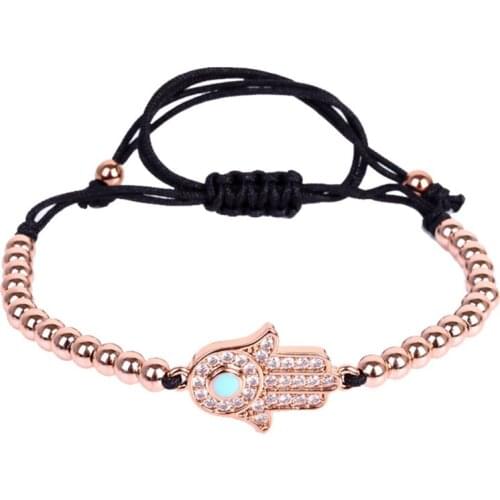 Hamsa Bracelets for Women Accessory 24K Rose CZ Beads Fatima Hand Bracelet Islamic Muslim Macrame Bracelet Femme Pulseras Mujer