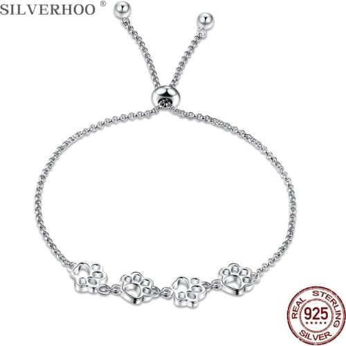 SILVERHOO S925 Sterling Silver Bracelets For Women Paw Footprints Fine Jewelry Adjustable Bracelets Gift Anniversary Present