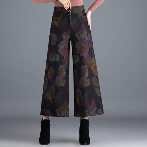 Winter Autumn Office Lady Women High Waisted Floral Wide Leg Woolen Pants , Fall 4xl Ankle Length Wool Trousers for Woman