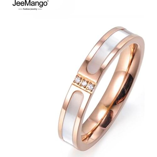 JeeMango Simple Rose Gold Color Cubic Zirconia Titanium Steel Shell Wedding Rings For Women Engagement Gifts Bague Femme JR17051