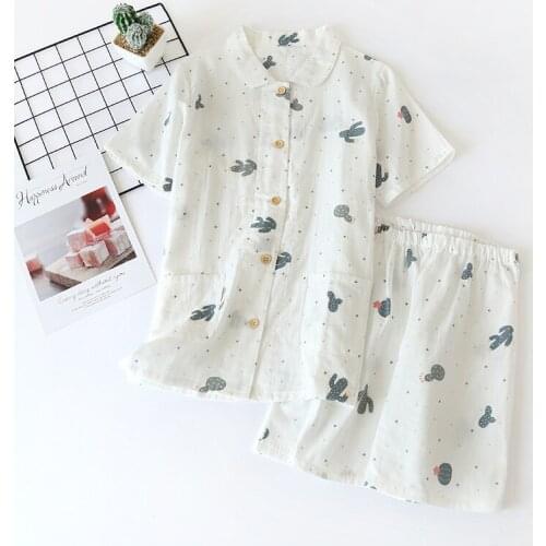 Printed Cactus 100% Cotton Pyjamas Set Women Short Sleeves Shorts Homewear Ladies Summer Japanese Pajamas Sets Cozy Sleepwear