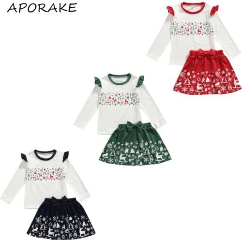 2021 2-7Y Xmas Kids Baby Girl Clothes Set Ruffle Shoulder Long Sleeve T-shirt+Snow Deer Print A-line Skirt Costum 2pcs
