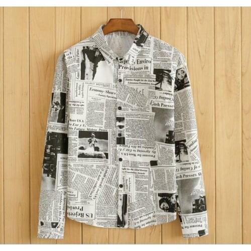 Mens Slim Fit Letters Floral Casual Shirts Newspaper Long Sleeve Tops M-2XL HOT