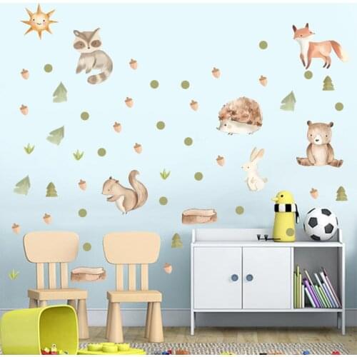 Nordic Forest Wall Sticker Cute Fox Squirrel Wallpaper Decal Home Decor Kids Room Decoration Nursery Mural Self-adhesive Sticker
