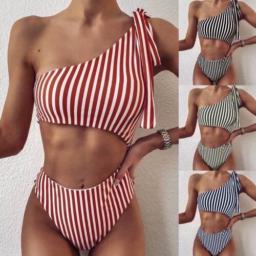 New Sexy Beach Bikini One Shoulder Stripe Print Swimwear Women High Waist Bikini Suit Beach Swimsuit