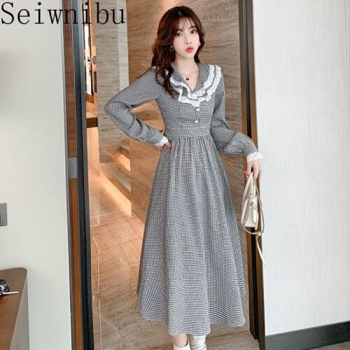 2021 Spring Autumn Korean Vintage Lace Patchwork Houndstooth Dress Long Sleeve Tweed Mid-calf Dresses Elegant Ladies Vestidos
