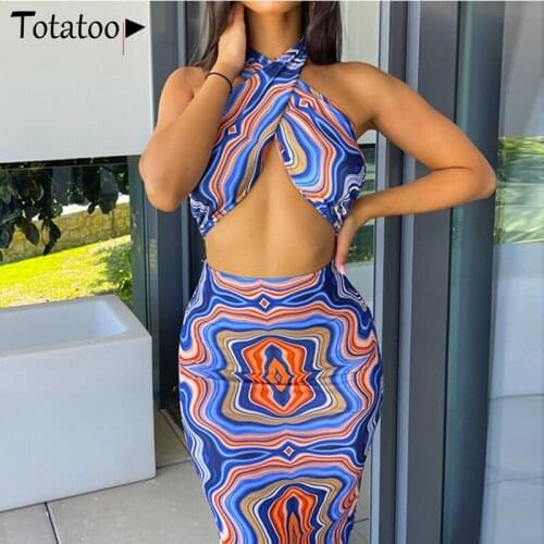 Totatoop Tie Dye Print Beachwear Boho Two Piece Set Long Skirts And Halter Crop Tops Matching Outfits Set Club Party Clothing