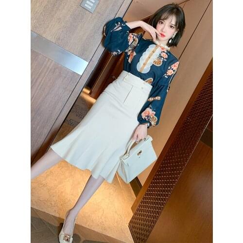 Printed wooden ear edge Lantern Sleeve Shirt+Fishtail skirt suit 2021 Spring new High Quality Top Quality