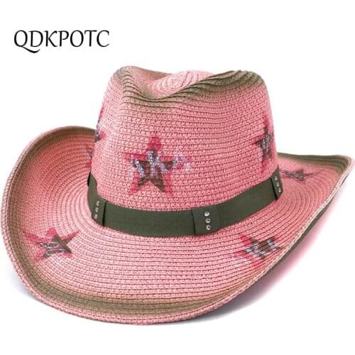 2021 Hat New Men Women National Style Western Cowboy Hats Fashion Pink Outdoor Seaside Sun Protection Shade Straw Cap QDKPOTC