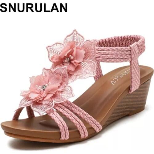 SNURULANWomens Shoes 2021 Fashion Summer Retro Flower Sandals Large Size Womens Shoes Beach Shoes