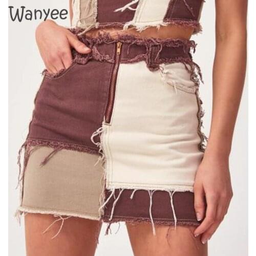 2021 New Patchwork Cotton Denim A-Line With Pockets Autumn Streetwear Color Block Zipper Sexy Mini Mid-Waist Womens Hip Skirt