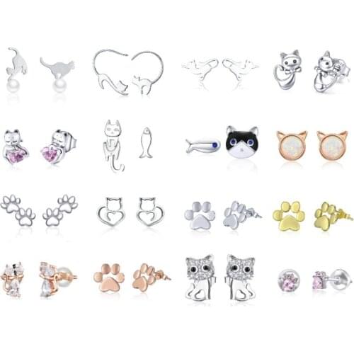 BISAER Cat 925 Sterling Silver Cute Animal Little Cat Stud Earrings Pussy Kitten Brincos Women Korean Fashion Earrings Jewelry