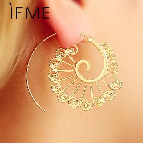 IF ME Vintage Ethnic Gold Silver Color Spiral Swirl Flower Stud Earrings For Women Statement Geometry Piercing Bijoux Party 2018
