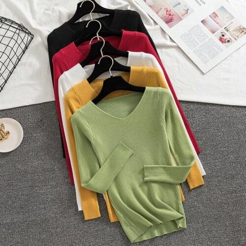 OUMEA Women Basic Rib Knitted Jumper Slim Fit Long Sleeve V Neck Plain Sweater Knitwear Winter Korean Style Female Ribbed Jumper