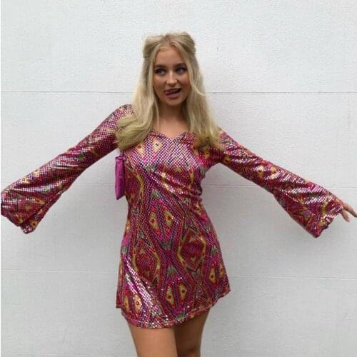 2021 Autumn Women Bodycon Mini Dress Long Sleeve V-neck Slim Fit Floral Polka Dot Printing Dress Evening Party Clubwear Dress