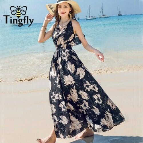 Tingfly New Boho Print Backless Long Summer Dress Women Chiffon floral v neck sexy dress loose beach dress vestidos vestiti