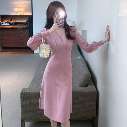 2022 Autumn Winter Women Sweater Dress Long Sleeve Mid-length Bottoming Knitted Dresses for Women Korean Pink Bodycon Dress