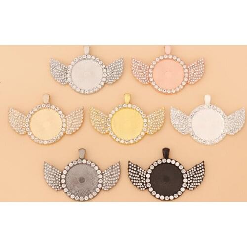 10pcs/Lot 25mm Round Rhinestone Angel Wings Pendants Tray Blank Bezel Cabochon Cameo Setting for Necklace Jewelry Making