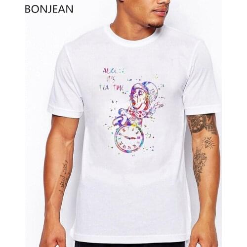 2019 summer whatercolor funny t shirt men Mad Hatter Tea Party tee shirt homme Its tea time letter print t-shirt white tshirt