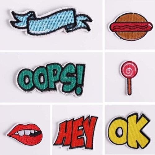 Fine OOPS! OK HEY Letter Words Embroidery Patches Lip Lollipop Appliques 3D DIY Decoration Clothes Stickers