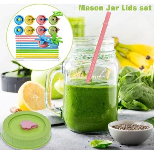 Mason Jar Lids with Straws Lids and Clean Brush Colored Plastic Canning Jar Drinking Lids for Ball Kerr and More
