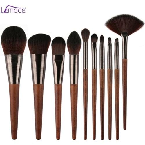 Lemoda Makeup Brushes 10Pcs Brushed Mouth Tube Brown Wood Handle Powder Eyeshadow Eyebrow Foundation Blush Blending Cosmatic Kit