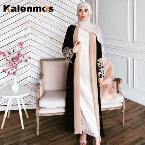 Muslim Abaya Dress Empire Beading Lace Kaftan Outwear Women Plus Size Abaya Long Robes Jubah Dubai Arab Islamic Clothing Burka