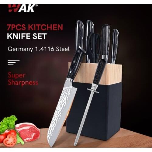 WAK Kitchen Knives Set Full 7 PCs Knife and Sharpener German Stainless Steel Black Pakkawood Handle Chef Kitchen Knives Sets
