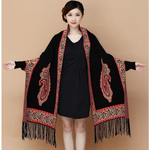 2019 new cashmere Poncho shawl with sleeves women in autumn and winter thick warm double-sided solid tassel cloak girls