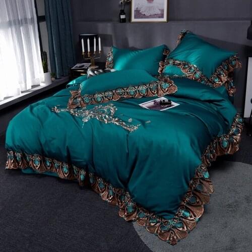 New Luxury Egyptian Cotton Queen King 4pcs Brown Green Gray Purple Palace Bedding Set Lace Duvet Cover Bed sheet Pillowcases