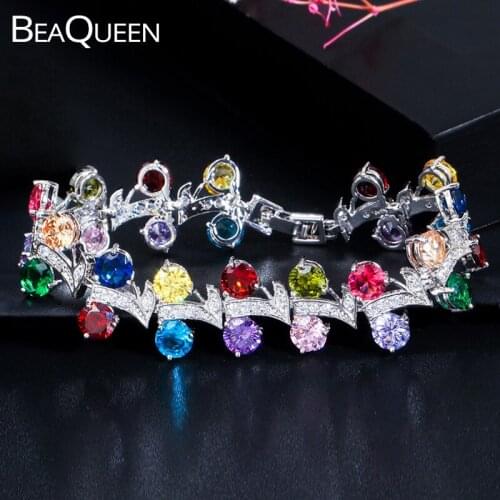 BeaQueen Latest Design Round CZ Stones and Multicolored Cubic Zircon Crystal Bridal Charm Bracelets Wedding Party Jewelry B188