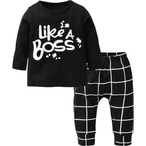 Autumn Baby Boy Clothes Set Infant Clothing Like a Boss Letter Print Top+Casual Plaid Pants 2PCS 100% Soft Cotton Toddler Outfit