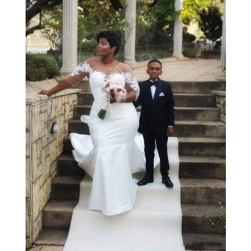 Beads Applique Mermaid African Wedding Dresses 2023 Sheer Half Sleeves Plus Size Bridal Dress Sexy Wedding Gowns Vestidos