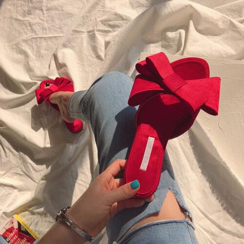Outer Wear Flat Sandals Womens 2020 Summer New Big Bow Silk Fabrics round Head Slippers All-match Half Slippers