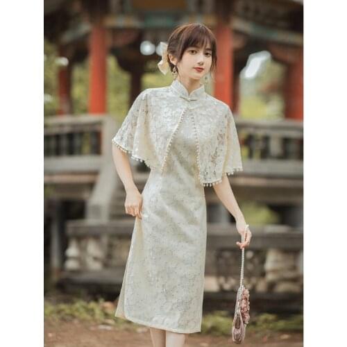 Cheongsam Dress Modern 2021 Chinese Retro Lace Qipao Dresses with Pearl Shawl Two-piece Eleglant Cheongsams Oriental Party Dress