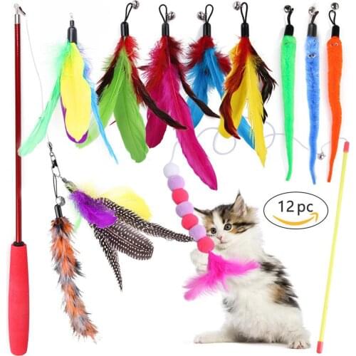 Extendable Feather Interactive Teaser Wand Toys with 8 Refills for Cats Birds Training