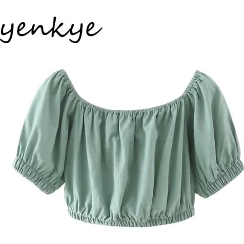 YENKYE Vintage Solid Sexy Off Shoulder Top Women Slash Neck Short Sleeve Cotton Summer Tops Casual Holiday Crop Top