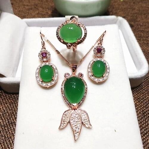 Jadery Classic 925 Sterling Silver Jewelry Sets Natural Green Jade Cz Ruby Gemstones Jewelry Set Party Jewelry Gifts For Women