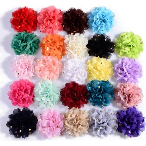 120PCS 10cm 24colors Big Chiffon Headband Flower Hair Clips Hairpins Fabric Flowers with Gold Dot for Girls Hair Accessories