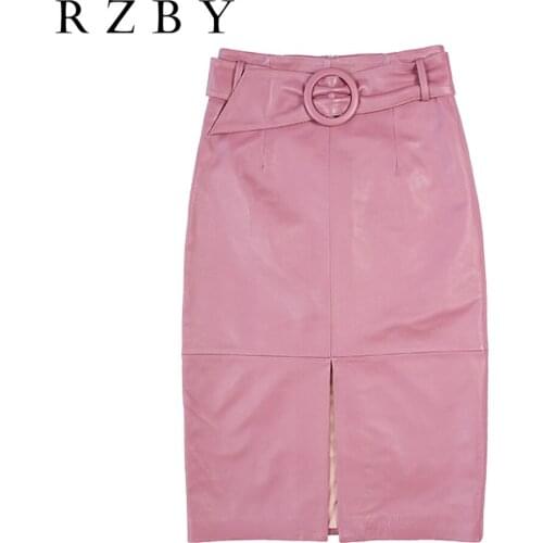 Women Leather Genuine High Waist Skirt Female Ring Belt Long Wrap Faldas Mujer Front Slit Real Sheepskin Sexy Pink Jupe RZBY291